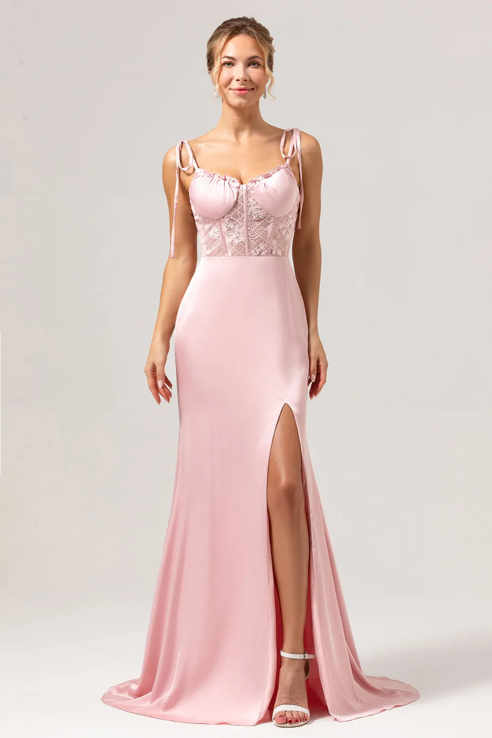 Mermaid Spaghetti Straps Satin Pink Long Bridesmaid Dress with Slit sold by Zapaka product image thumbnail 5