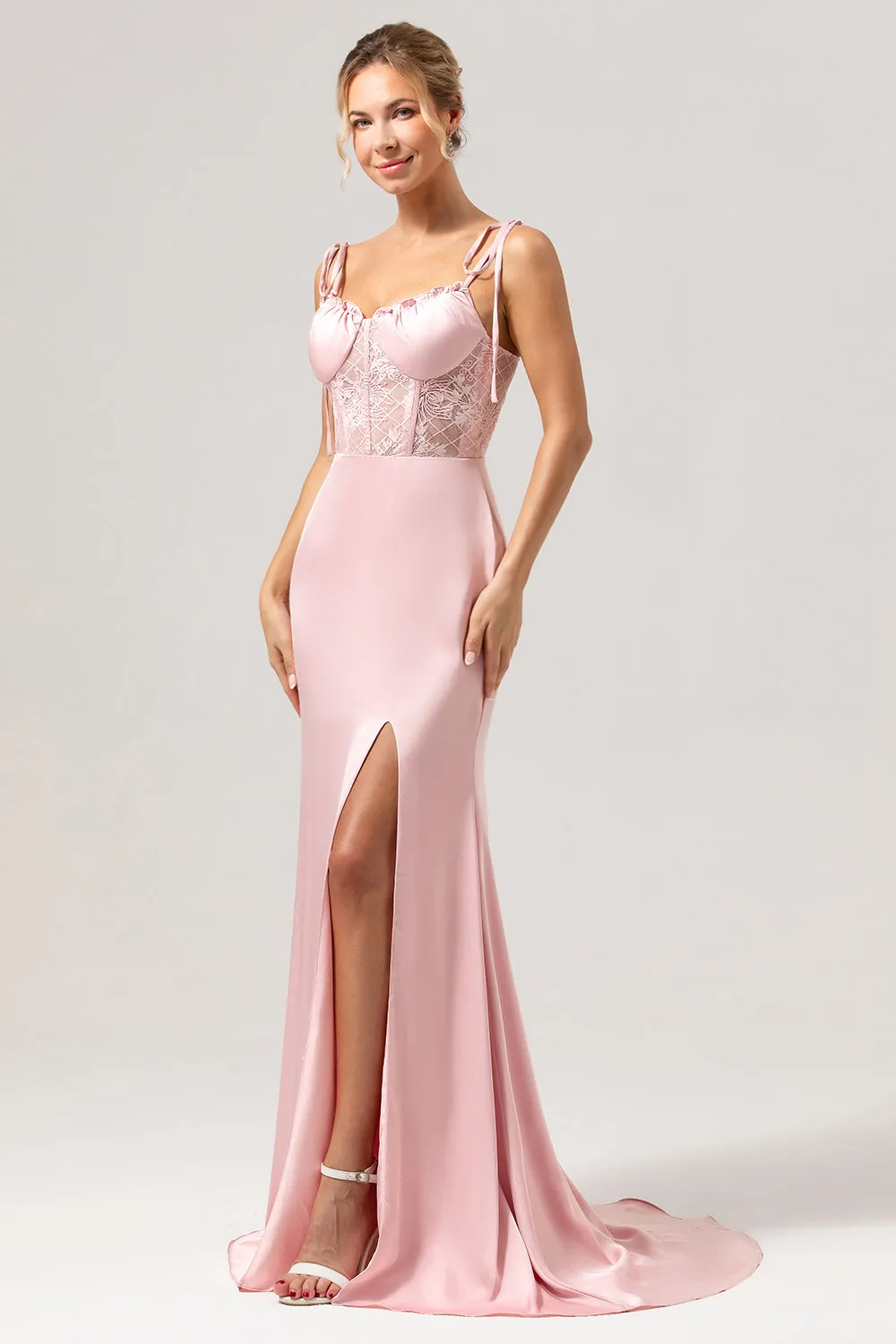 Mermaid Spaghetti Straps Satin Pink Long Bridesmaid Dress with Slit sold by Zapaka product image thumbnail 4