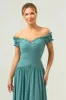A-Line Off The Shoulder Pleated Chiffon Green Long Bridesmaid Dress sold by Zapaka