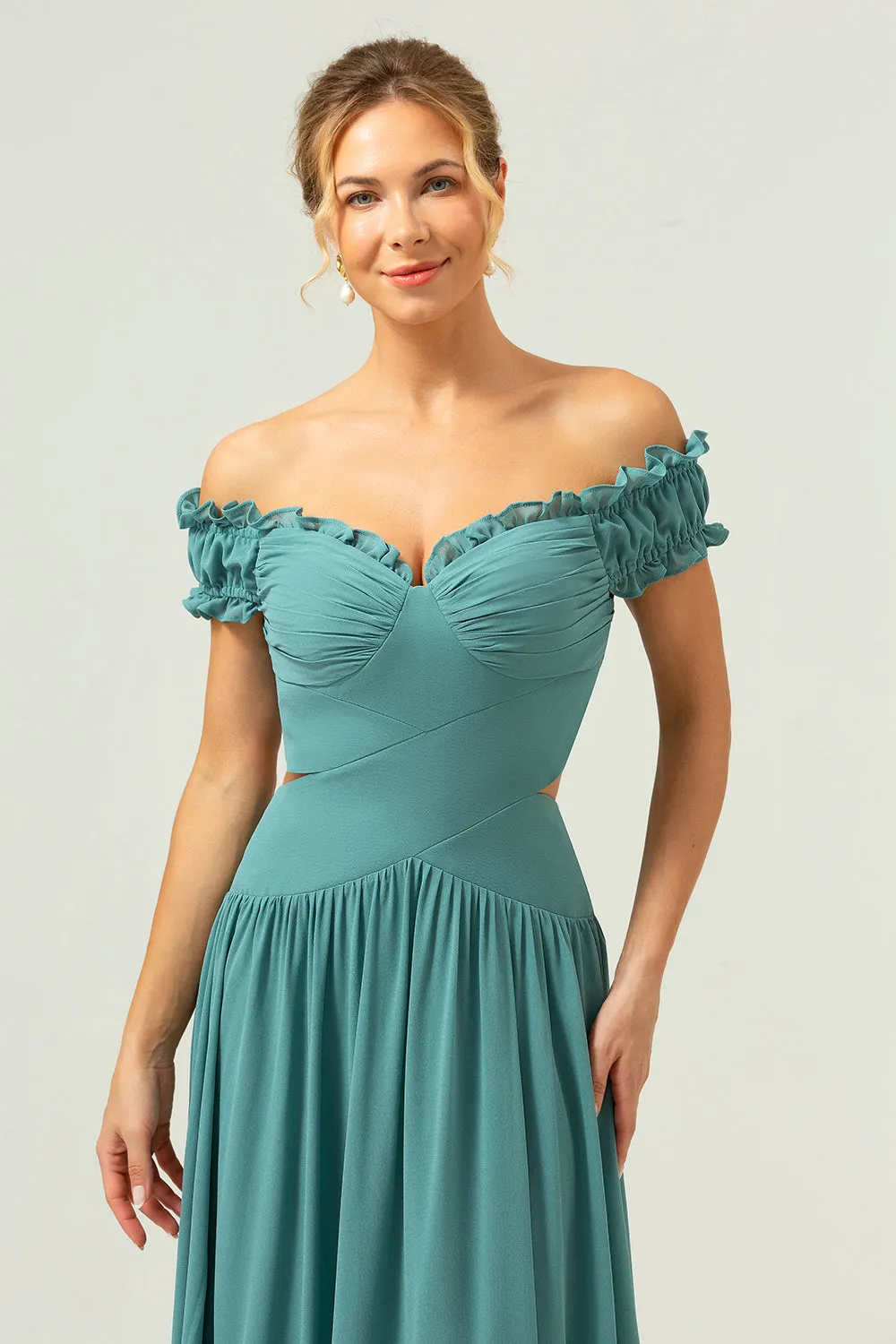 A-Line Off The Shoulder Pleated Chiffon Green Long Bridesmaid Dress sold by Zapaka product image thumbnail 2