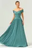 A-Line Off The Shoulder Pleated Chiffon Green Long Bridesmaid Dress sold by Zapaka