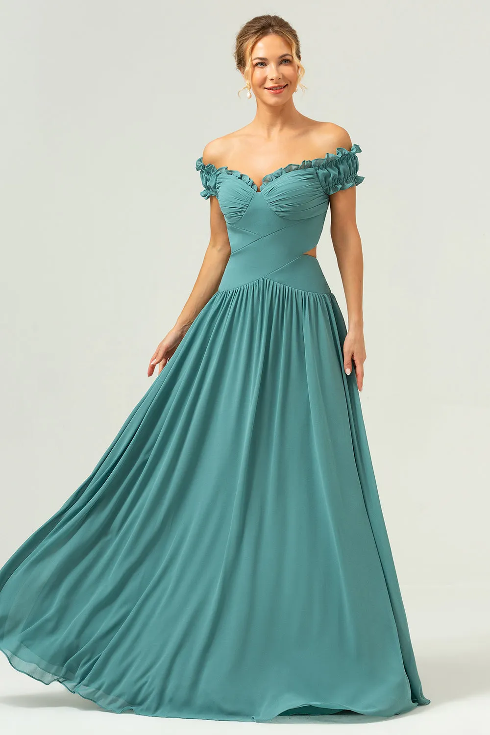 A-Line Off The Shoulder Pleated Chiffon Green Long Bridesmaid Dress sold by Zapaka product image thumbnail 5