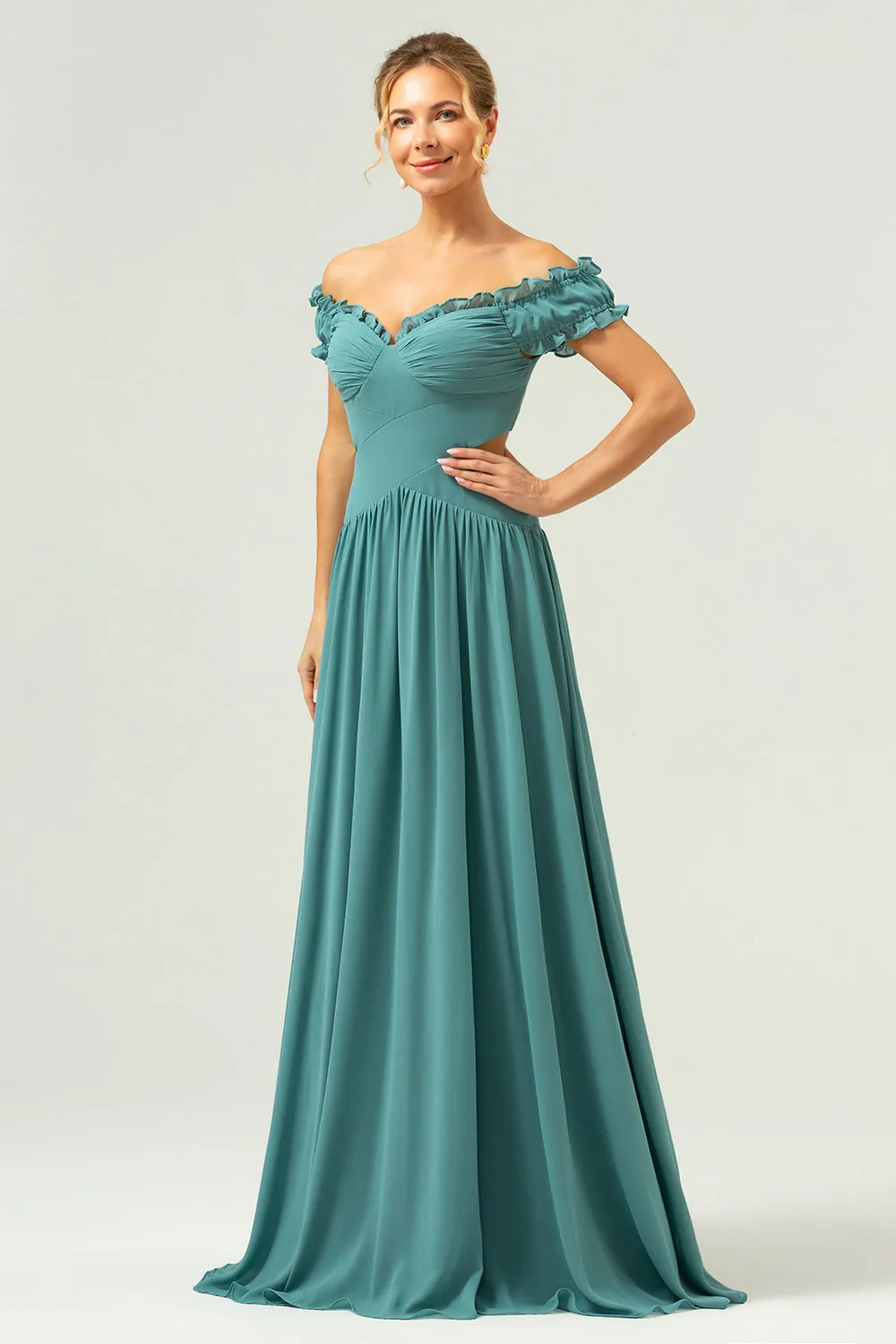 A-Line Off The Shoulder Pleated Chiffon Green Long Bridesmaid Dress sold by Zapaka product image thumbnail 4