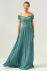 A-Line Off The Shoulder Pleated Chiffon Green Long Bridesmaid Dress sold by Zapaka