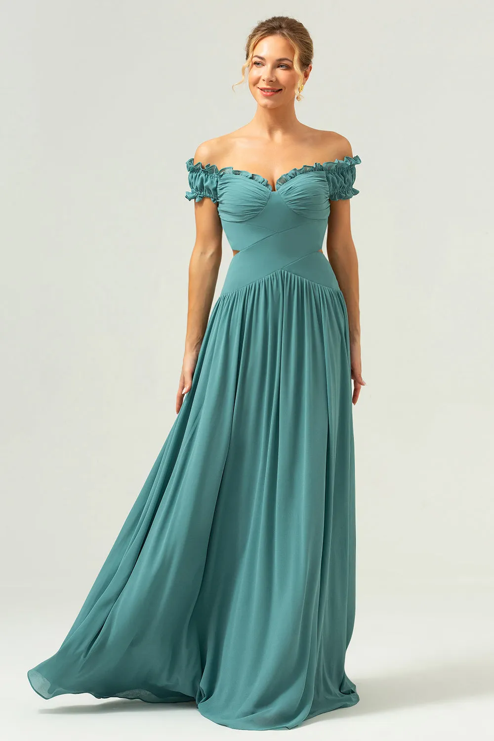 A-Line Off The Shoulder Pleated Chiffon Green Long Bridesmaid Dress sold by Zapaka product image thumbnail 3