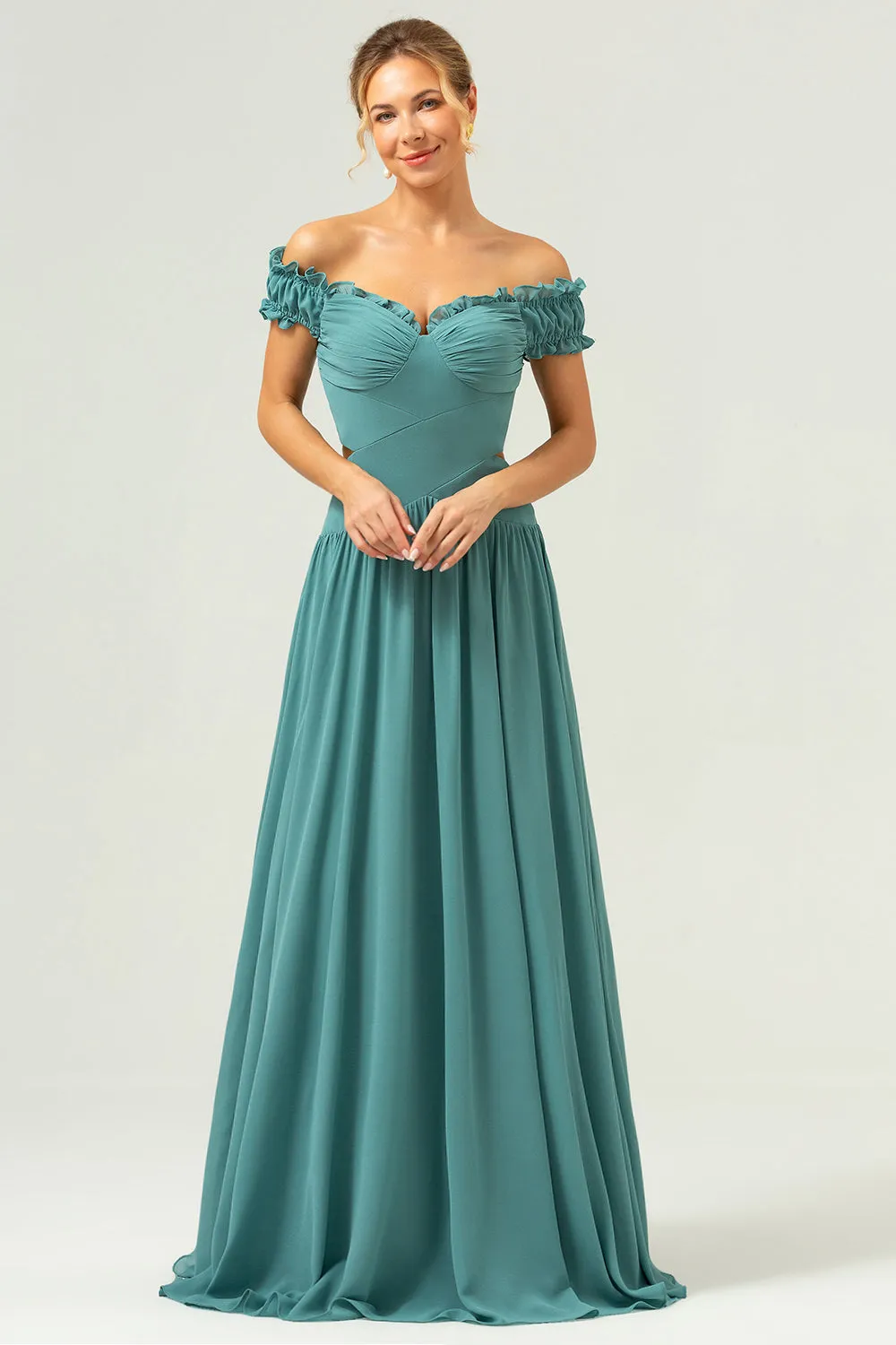A-Line Off The Shoulder Pleated Chiffon Green Long Bridesmaid Dress sold by Zapaka