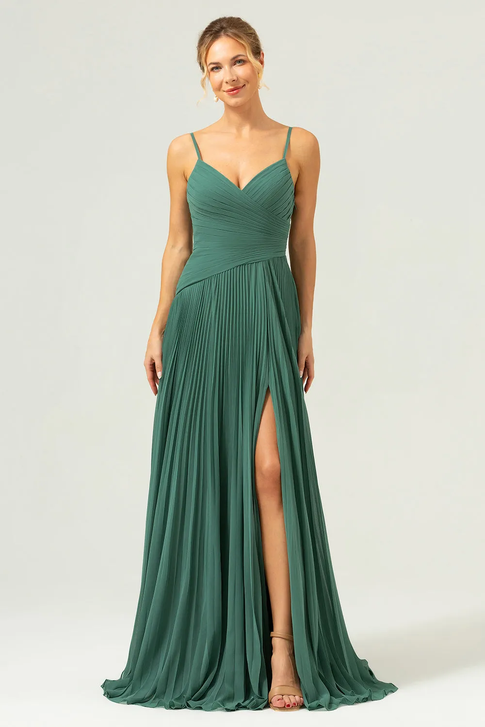 A-Line Spaghetti Straps Pleated Chiffon Eucalyptus Bridesmaid Dress with Slit sold by Zapaka product image thumbnail 3