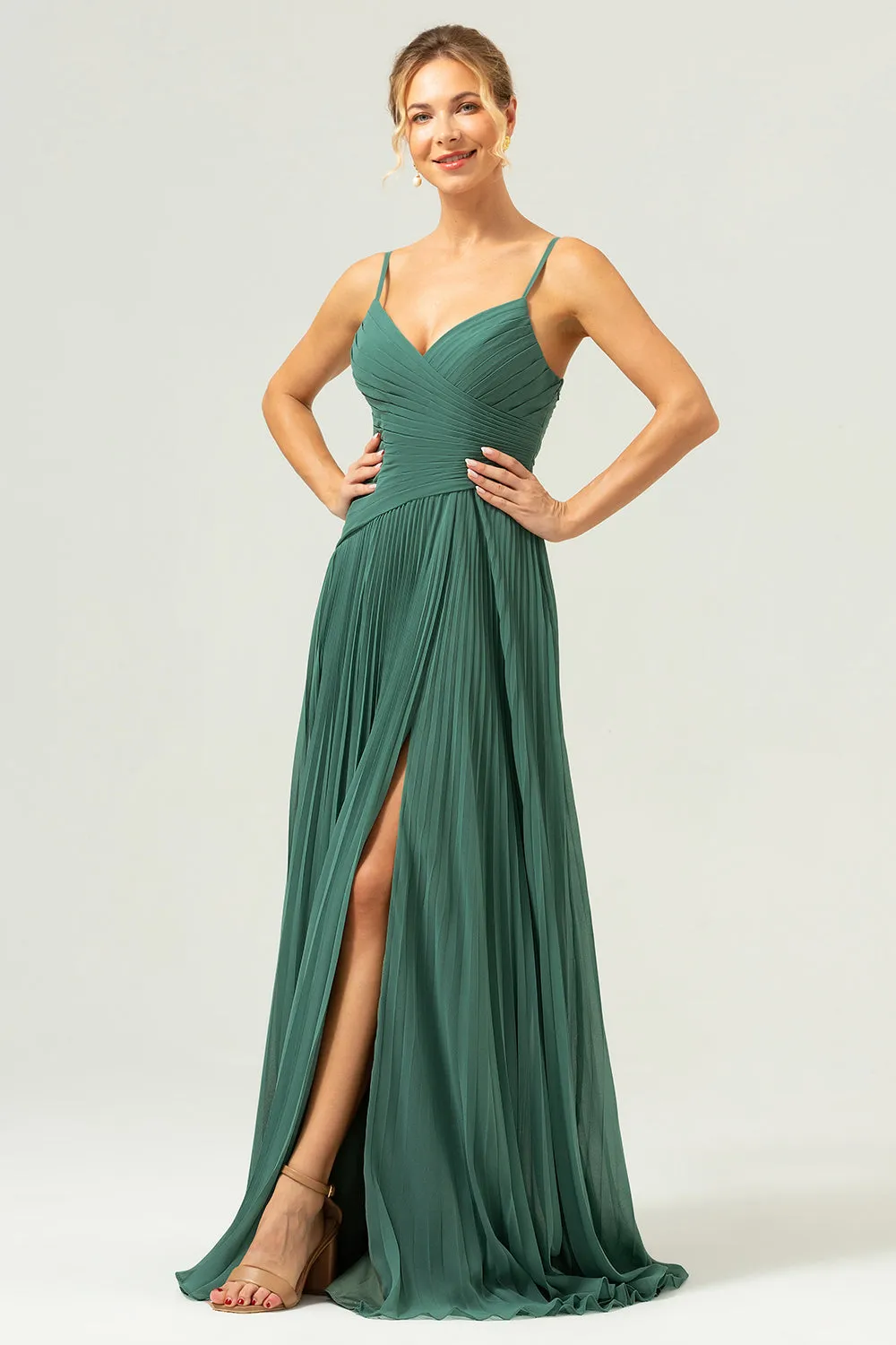 A-Line Spaghetti Straps Pleated Chiffon Eucalyptus Bridesmaid Dress with Slit sold by Zapaka product image thumbnail 5