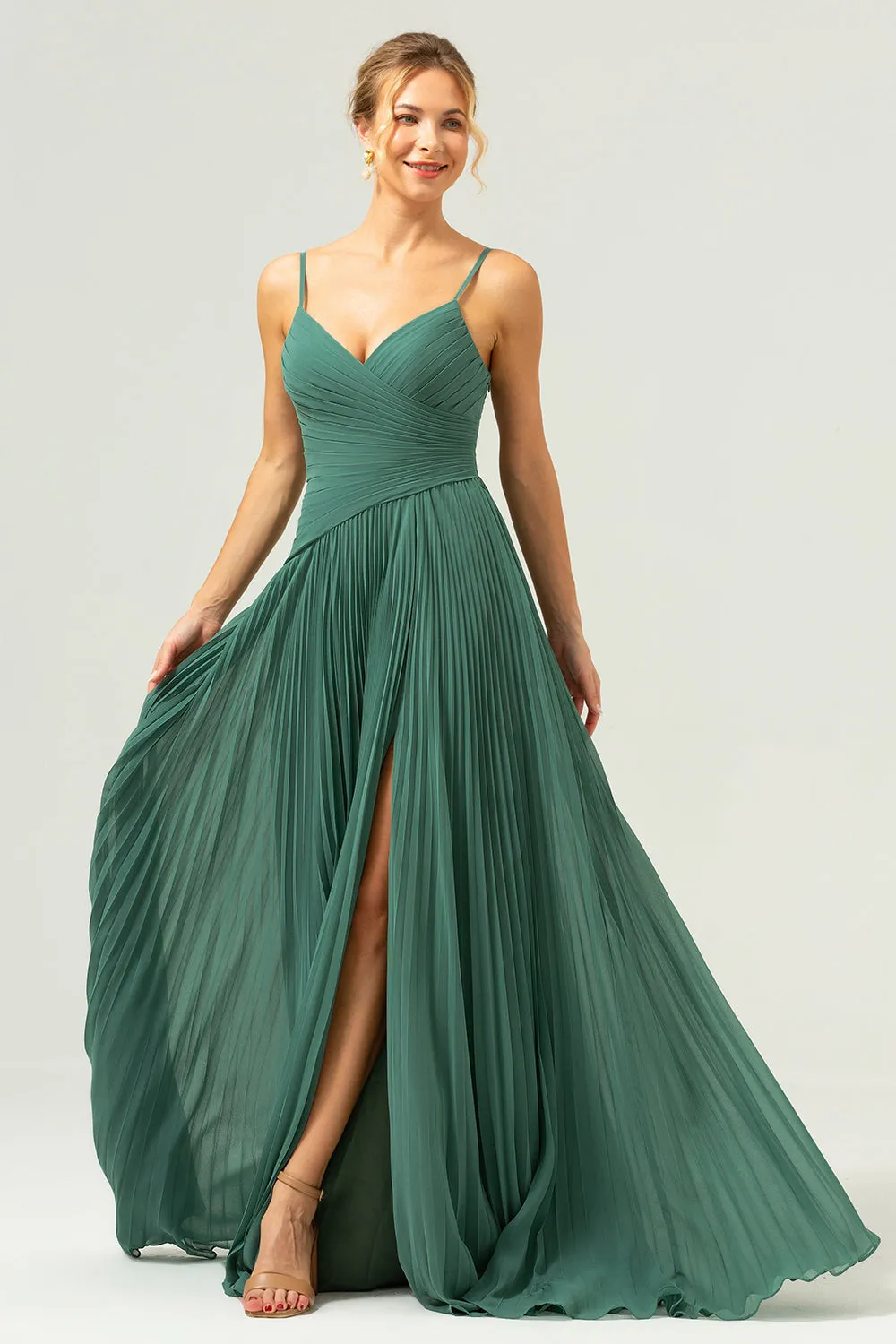 A-Line Spaghetti Straps Pleated Chiffon Eucalyptus Bridesmaid Dress with Slit sold by Zapaka product image thumbnail 4