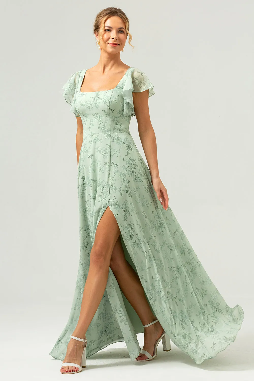 Dusty Sage Square Neck Printed Flower Long Bridesmaid Dress with Slit sold by Zapaka product image thumbnail 5