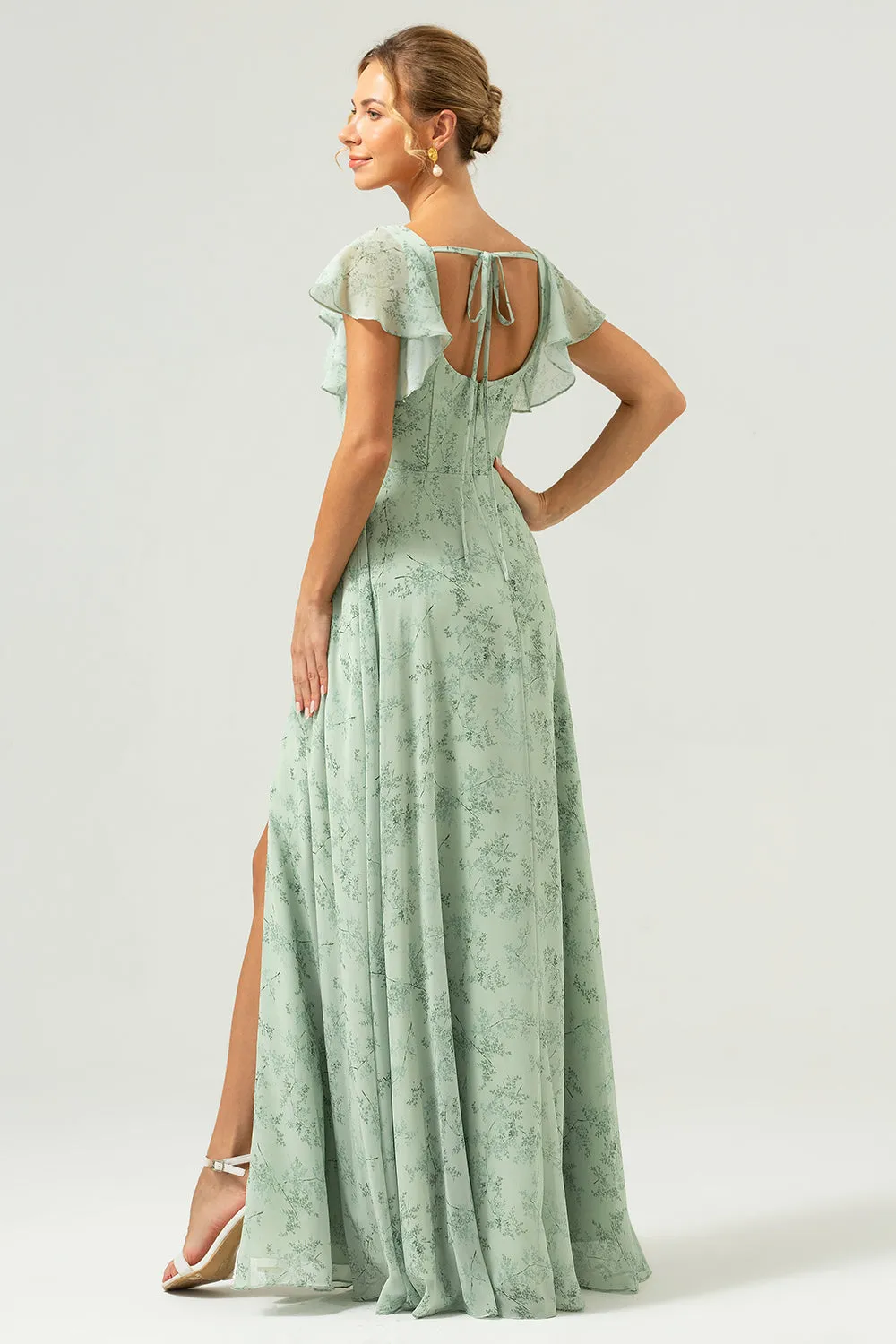 Dusty Sage Square Neck Printed Flower Long Bridesmaid Dress with Slit sold by Zapaka product image thumbnail 2