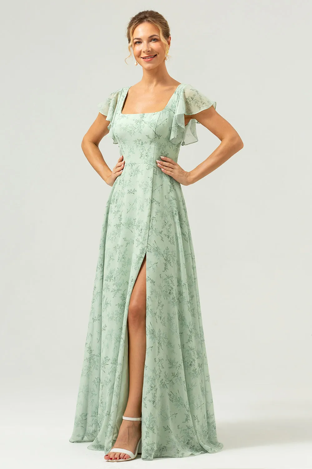 Dusty Sage Square Neck Printed Flower Long Bridesmaid Dress with Slit sold by Zapaka