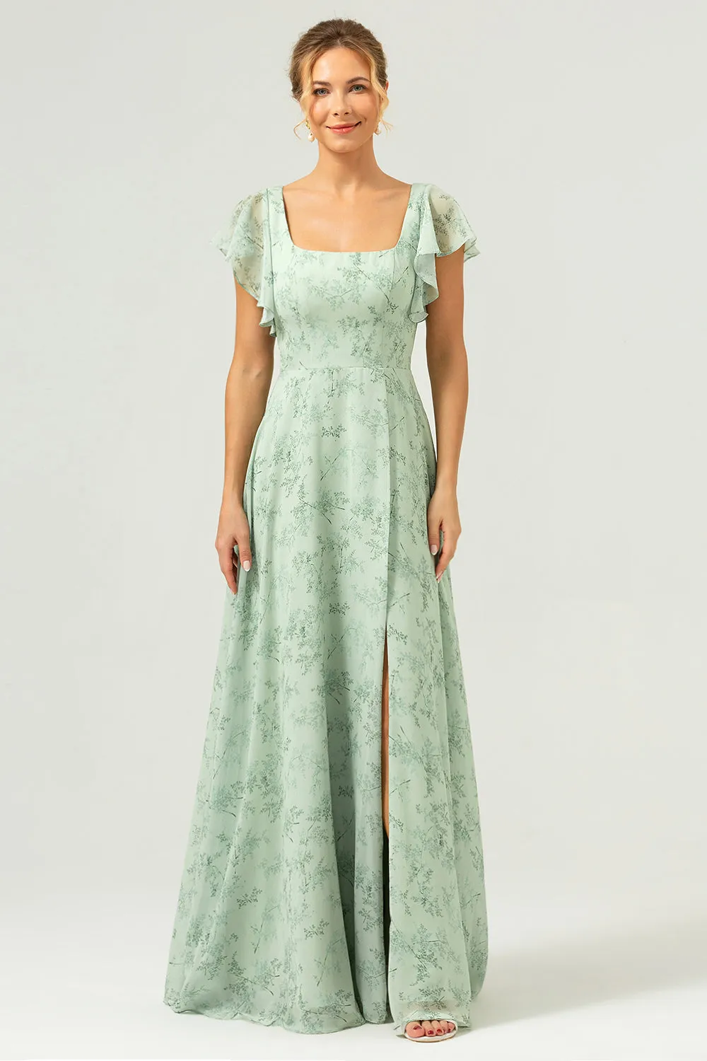 Dusty Sage Square Neck Printed Flower Long Bridesmaid Dress with Slit sold by Zapaka product image thumbnail 4