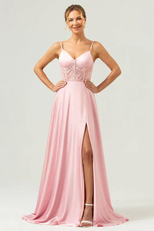 Pink A-Line Spaghetti Straps Satin Corset Long Bridesmaid Dress with Slit sold by Zapaka