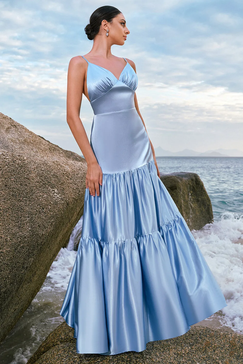 Sky Blue A-Line Spaghetti Straps Backless Satin Long Bridesmaid Dress sold by Zapaka product image thumbnail 5