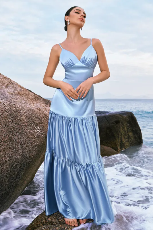 Sky Blue A-Line Spaghetti Straps Backless Satin Long Bridesmaid Dress sold by Zapaka