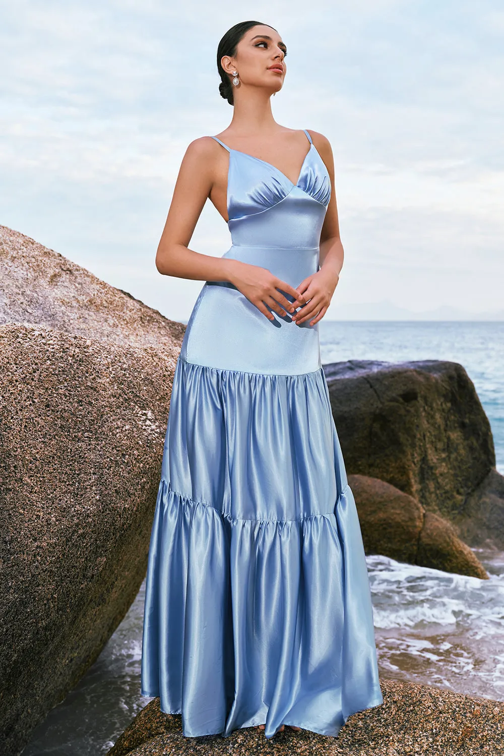 Sky Blue A-Line Spaghetti Straps Backless Satin Long Bridesmaid Dress sold by Zapaka product image thumbnail 4