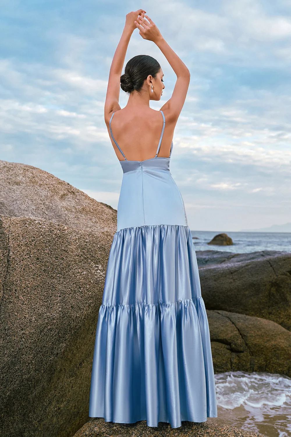Sky Blue A-Line Spaghetti Straps Backless Satin Long Bridesmaid Dress sold by Zapaka product image thumbnail 3