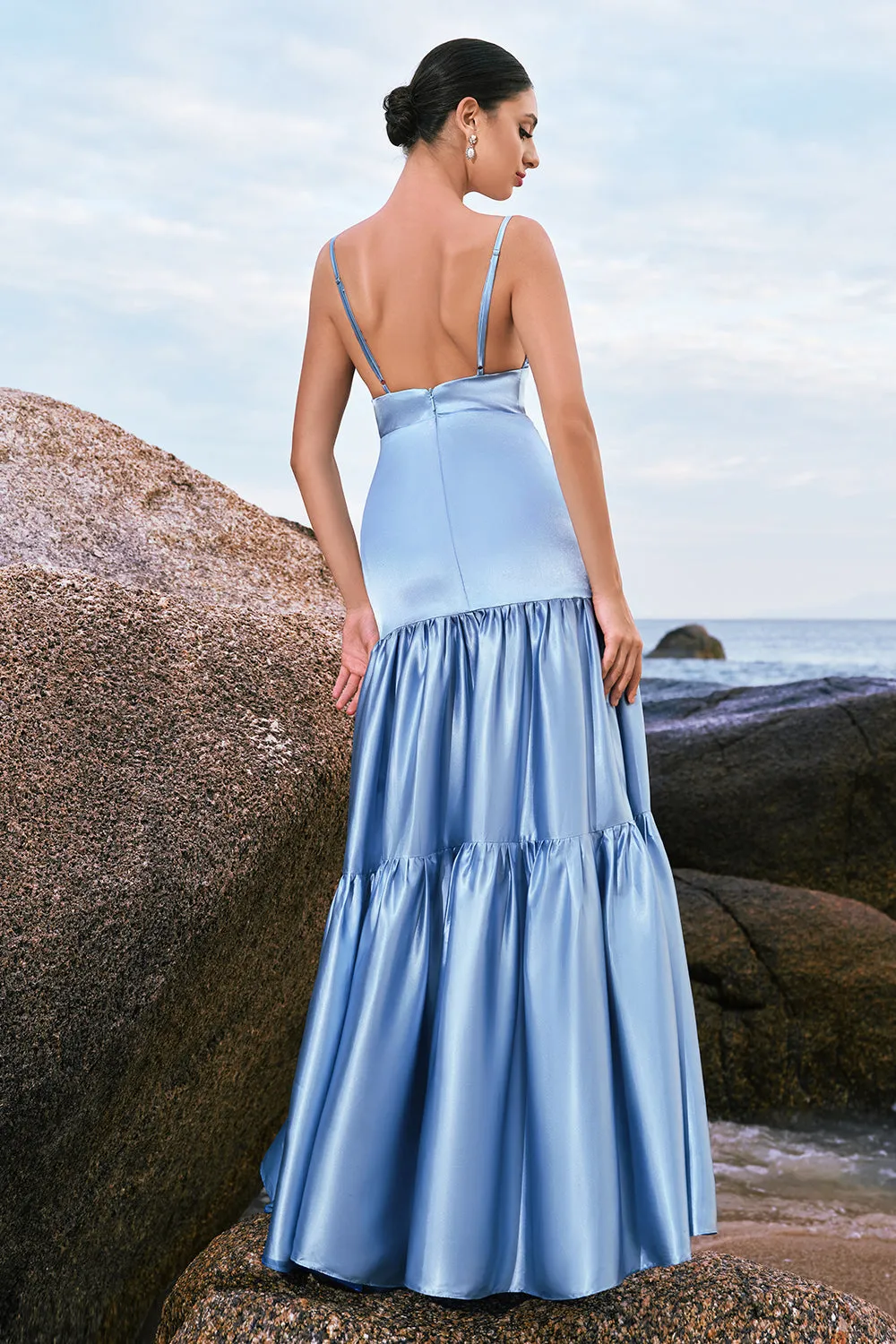 Sky Blue A-Line Spaghetti Straps Backless Satin Long Bridesmaid Dress sold by Zapaka product image thumbnail 2