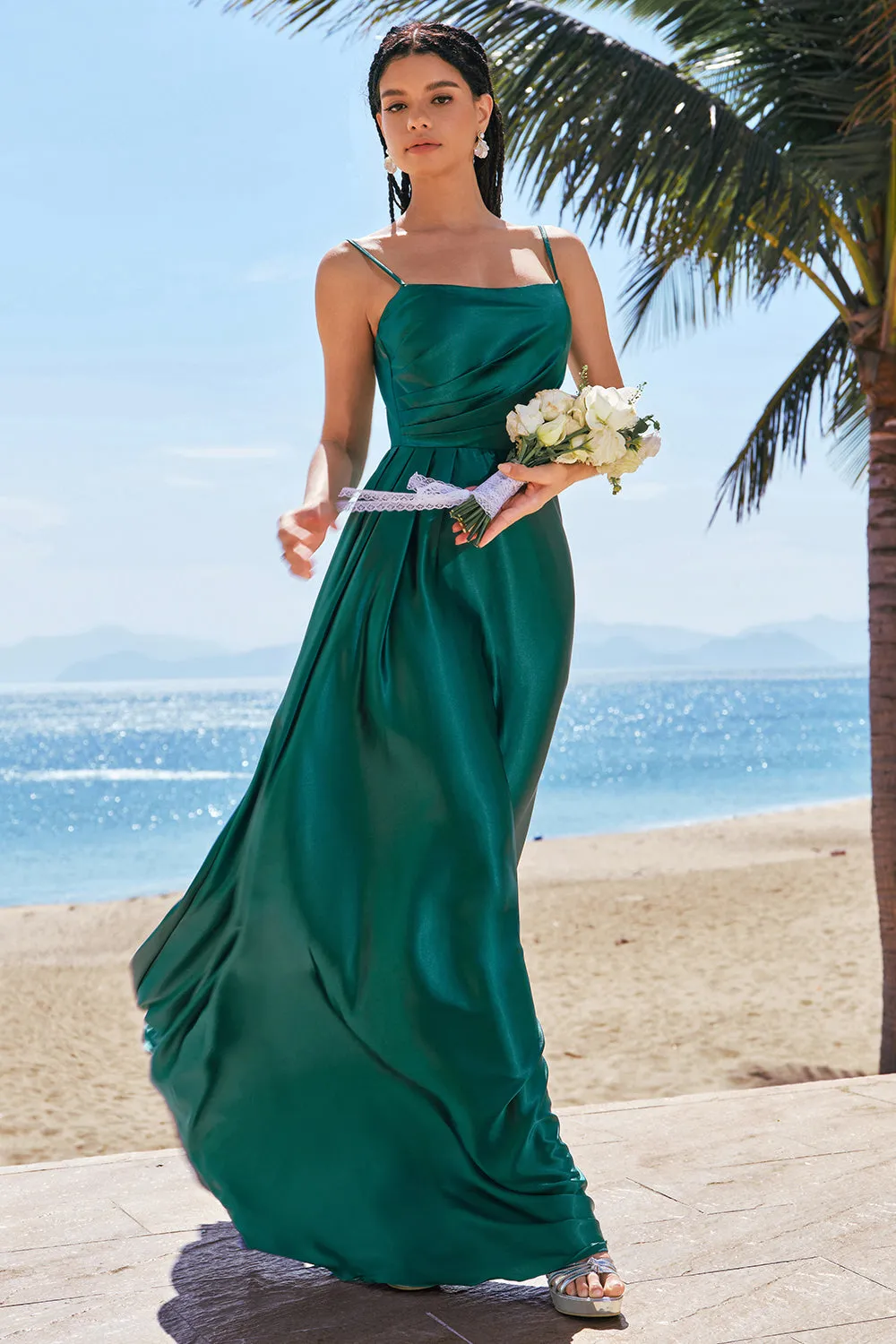 A-Line Dark Green Spaghetti Straps Satin Ruched Long Bridesmaid Dress sold by Zapaka product image thumbnail 4