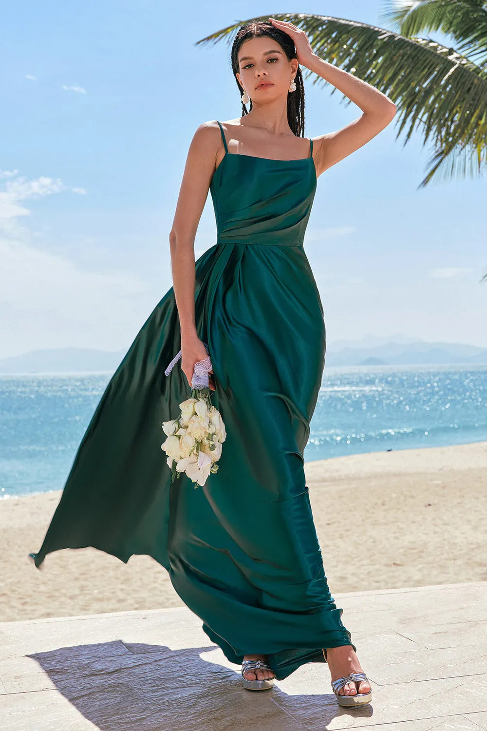 A-Line Dark Green Spaghetti Straps Satin Ruched Long Bridesmaid Dress sold by Zapaka product image thumbnail 3