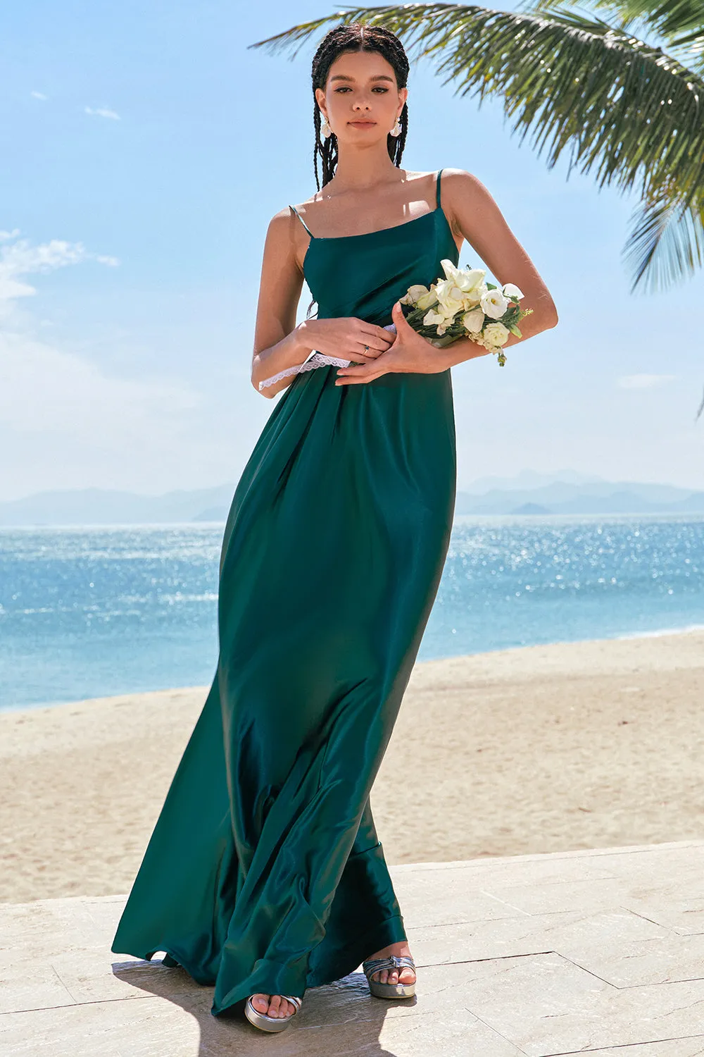 A-Line Dark Green Spaghetti Straps Satin Ruched Long Bridesmaid Dress sold by Zapaka