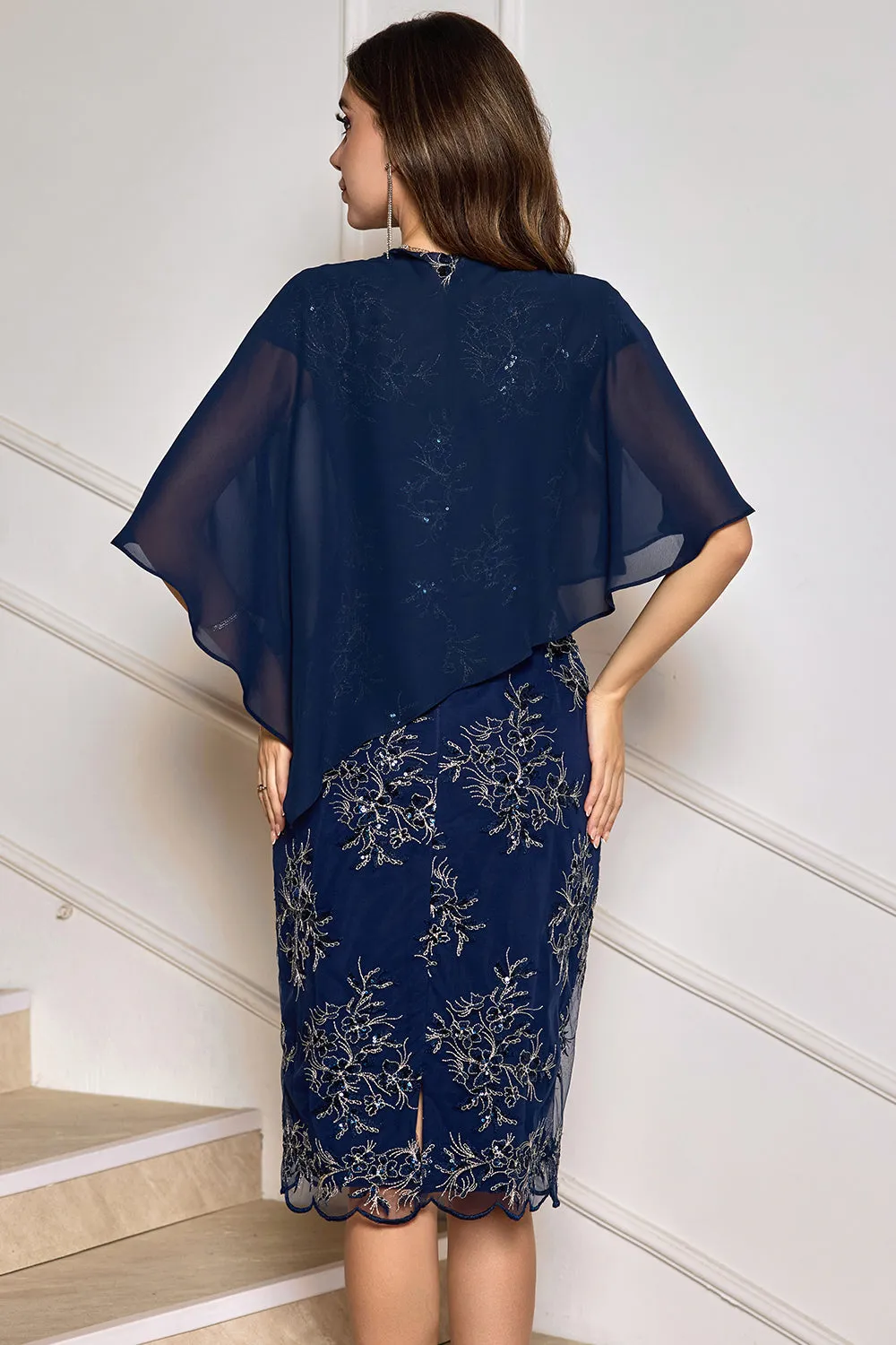 Navy Sheath Tea Length Appliqued Mother of the Bride Dress with Wrap sold by Zapaka product image thumbnail 2