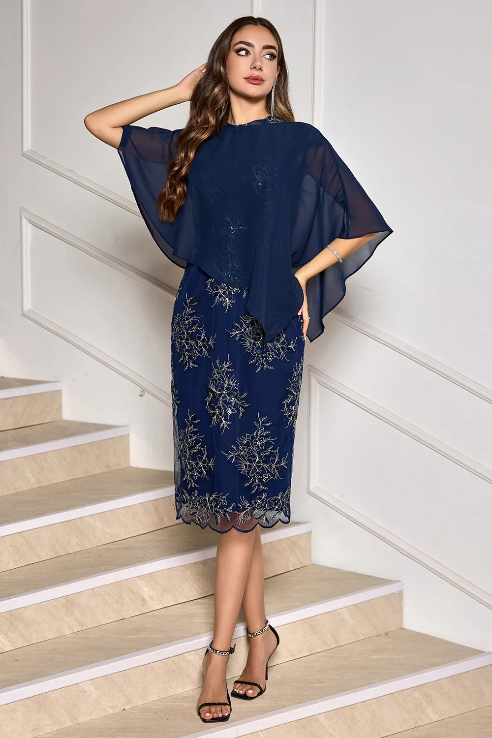Navy Sheath Tea Length Appliqued Mother of the Bride Dress with Wrap sold by Zapaka product image thumbnail 4