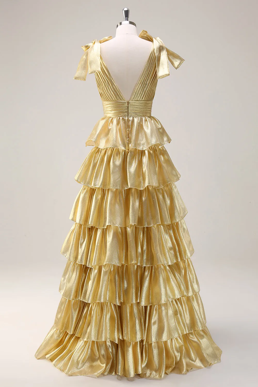 Golden A-Line V-Neck Pleated Tiered Backless Long Prom Dress With Slit sold by Zapaka product image thumbnail 2