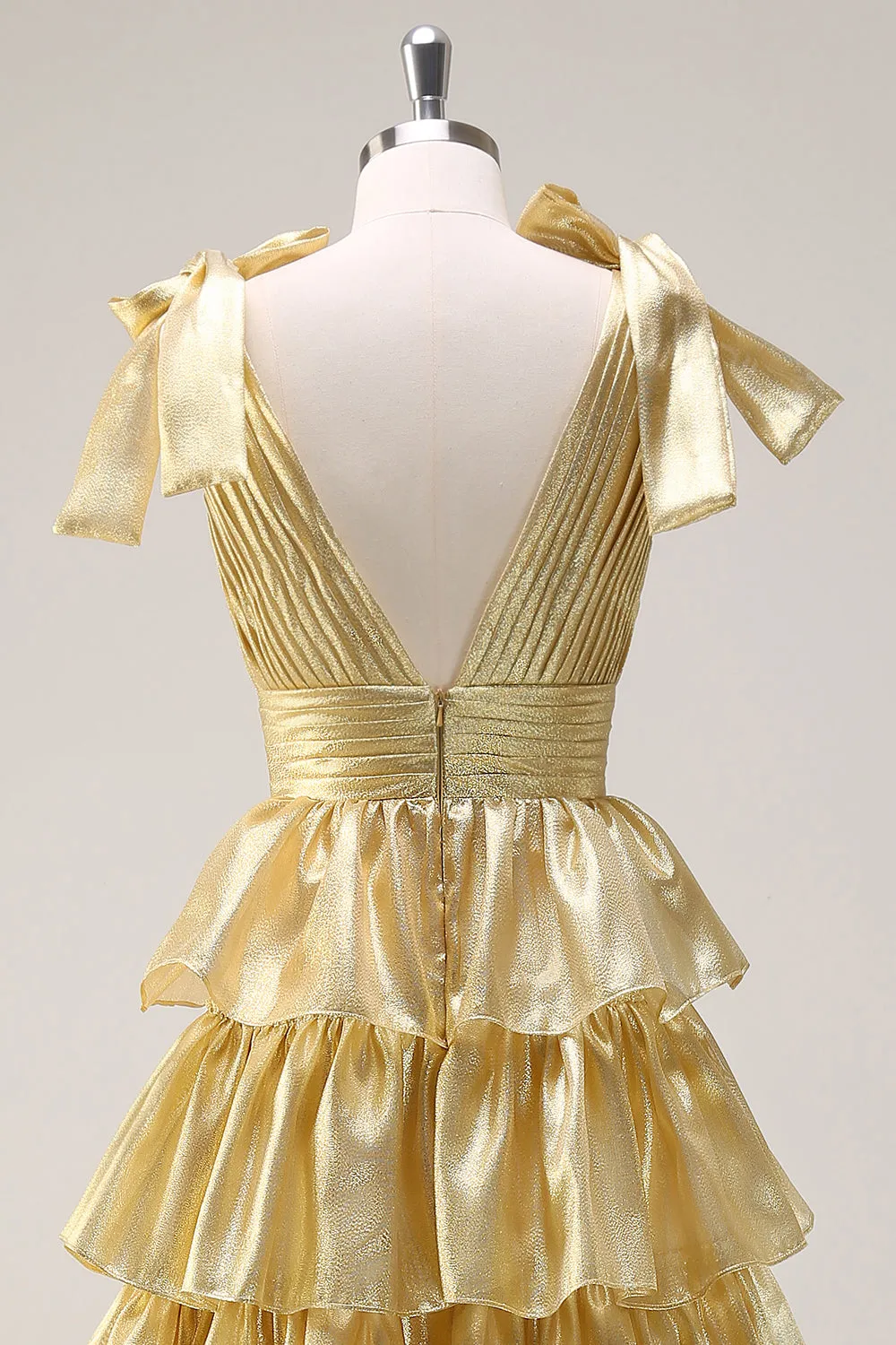 Golden A-Line V-Neck Pleated Tiered Backless Long Prom Dress With Slit sold by Zapaka product image thumbnail 5