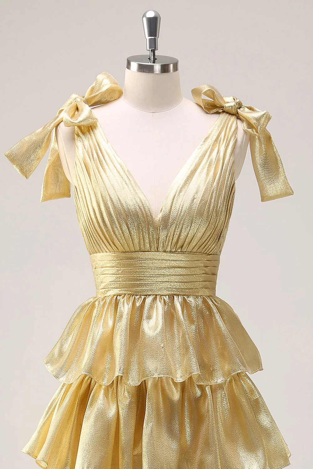 Golden A-Line V-Neck Pleated Tiered Backless Long Prom Dress With Slit sold by Zapaka product image thumbnail 4