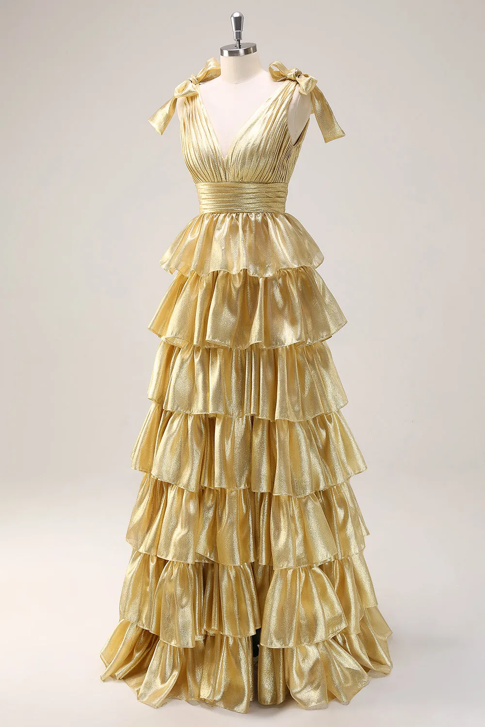 Golden A-Line V-Neck Pleated Tiered Backless Long Prom Dress With Slit sold by Zapaka product image thumbnail 3