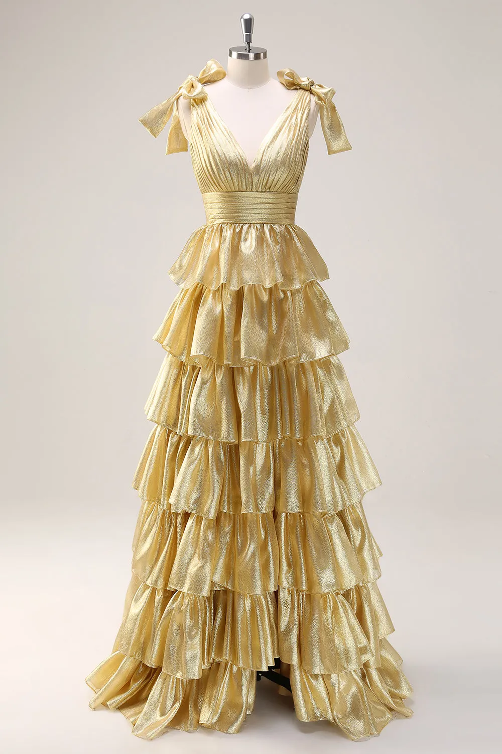 Golden A-Line V-Neck Pleated Tiered Backless Long Prom Dress With Slit sold by Zapaka