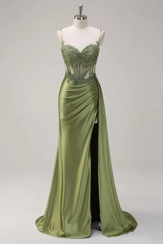 Green Mermaid Spaghetti Straps Pleated Long Corset Satin Prom Dress With Slit made by Zapaka