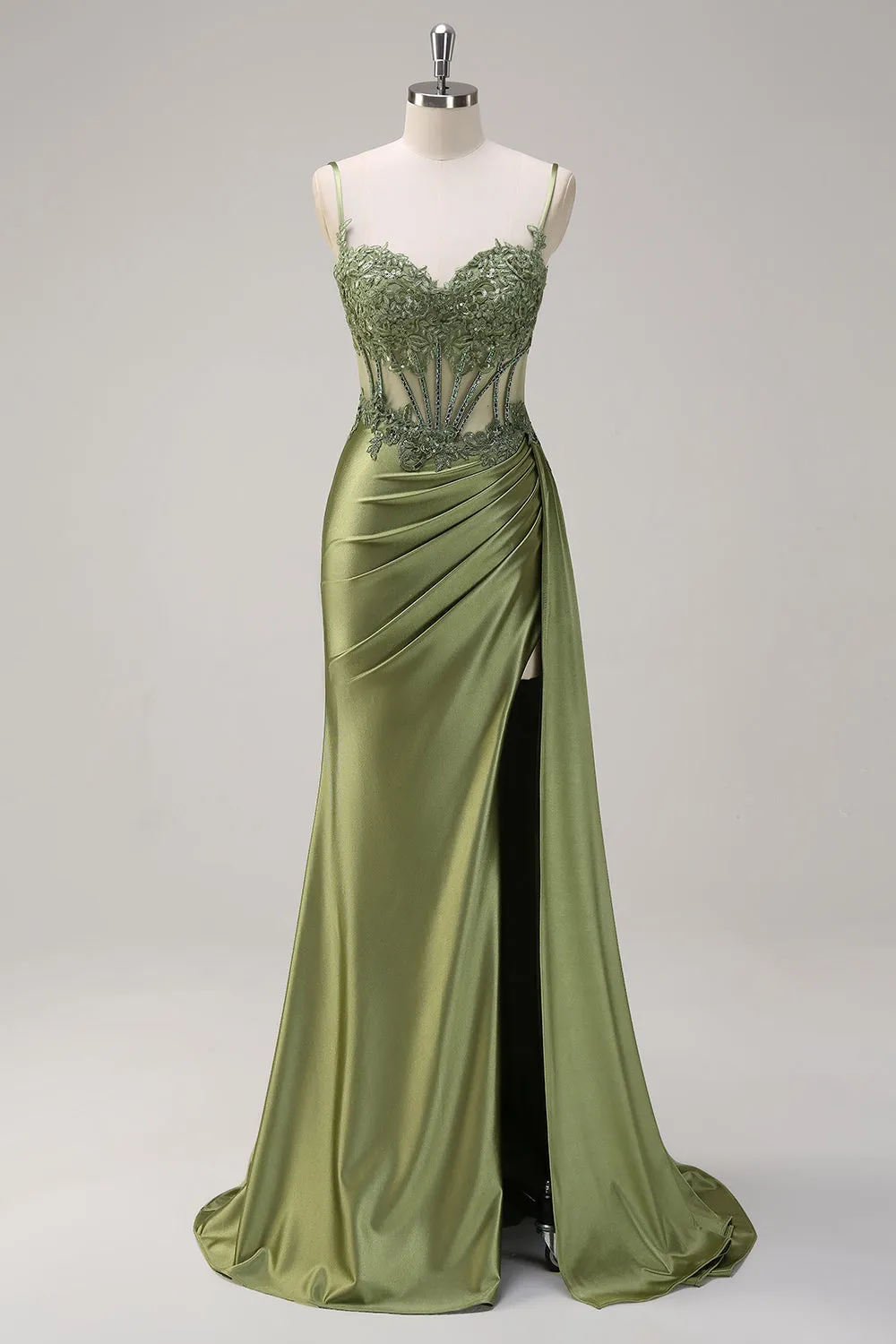 Green Mermaid Spaghetti Straps Pleated Long Corset Satin Prom Dress With Slit sold by Zapaka