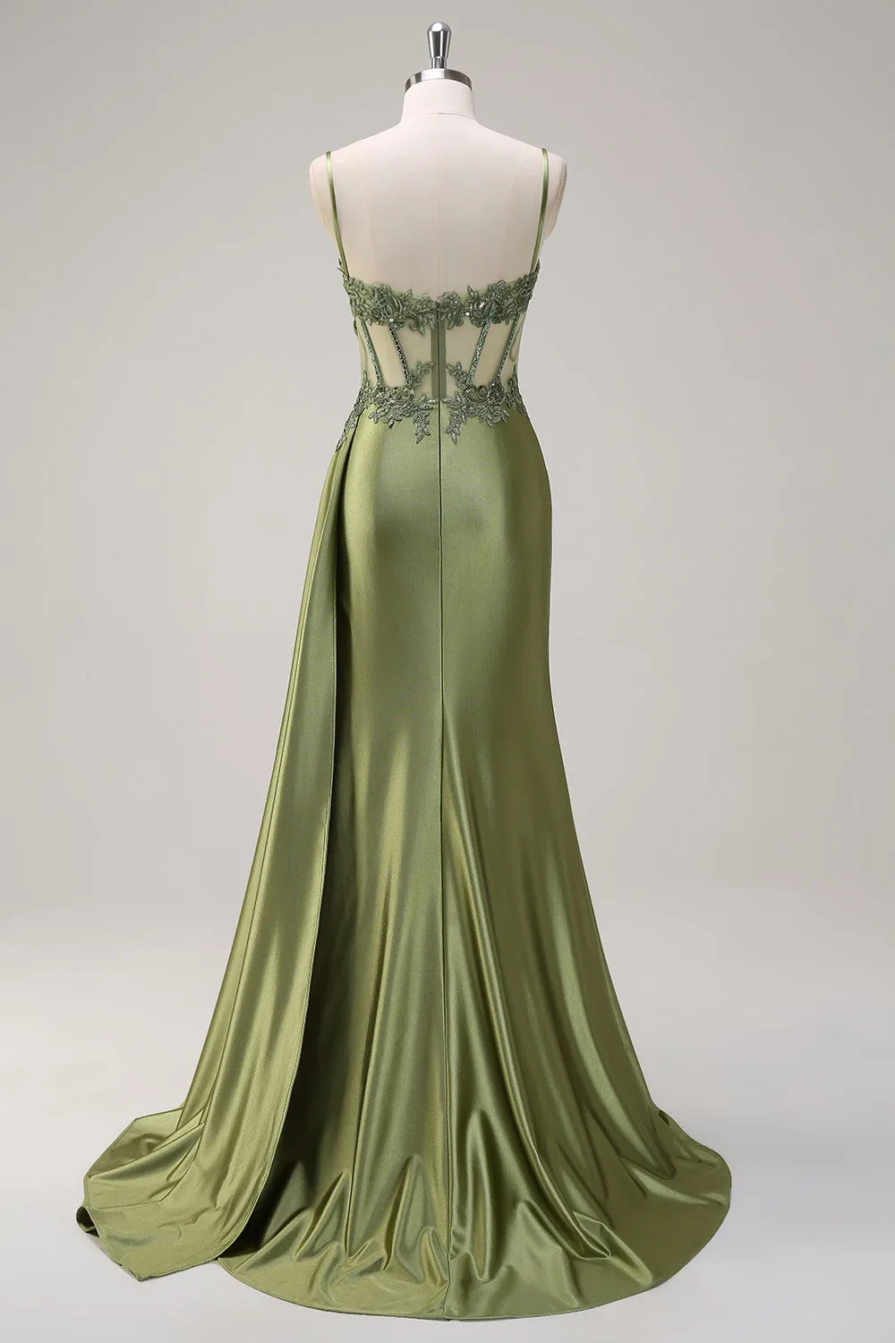 Green Mermaid Spaghetti Straps Pleated Long Corset Satin Prom Dress With Slit sold by Zapaka product image thumbnail 2