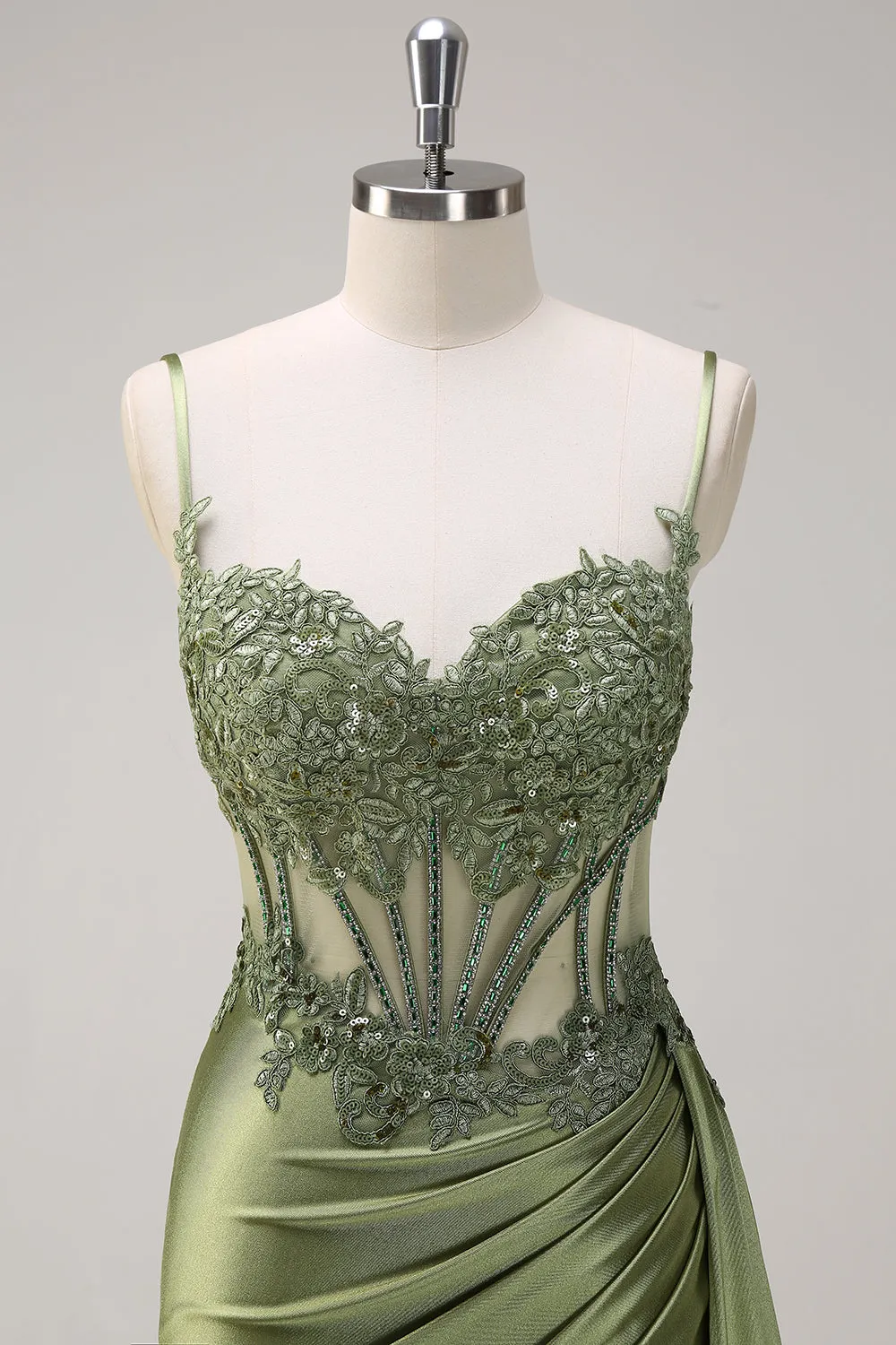 Green Mermaid Spaghetti Straps Pleated Long Corset Satin Prom Dress With Slit sold by Zapaka product image thumbnail 4