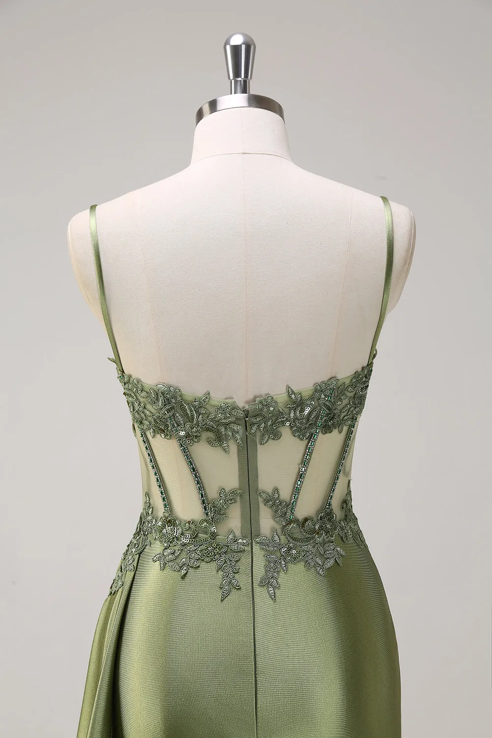 Green Mermaid Spaghetti Straps Pleated Long Corset Satin Prom Dress With Slit sold by Zapaka product image thumbnail 5