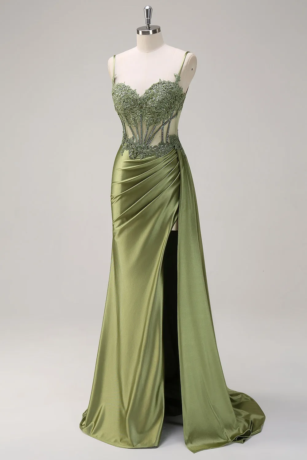 Green Mermaid Spaghetti Straps Pleated Long Corset Satin Prom Dress With Slit sold by Zapaka product image thumbnail 3