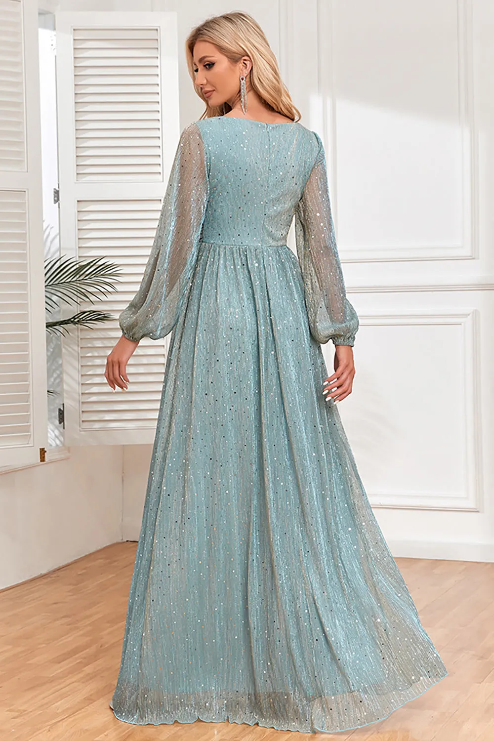 A-Line Sequins Blue Formal Dress with Long Sleeves sold by Zapaka product image thumbnail 2