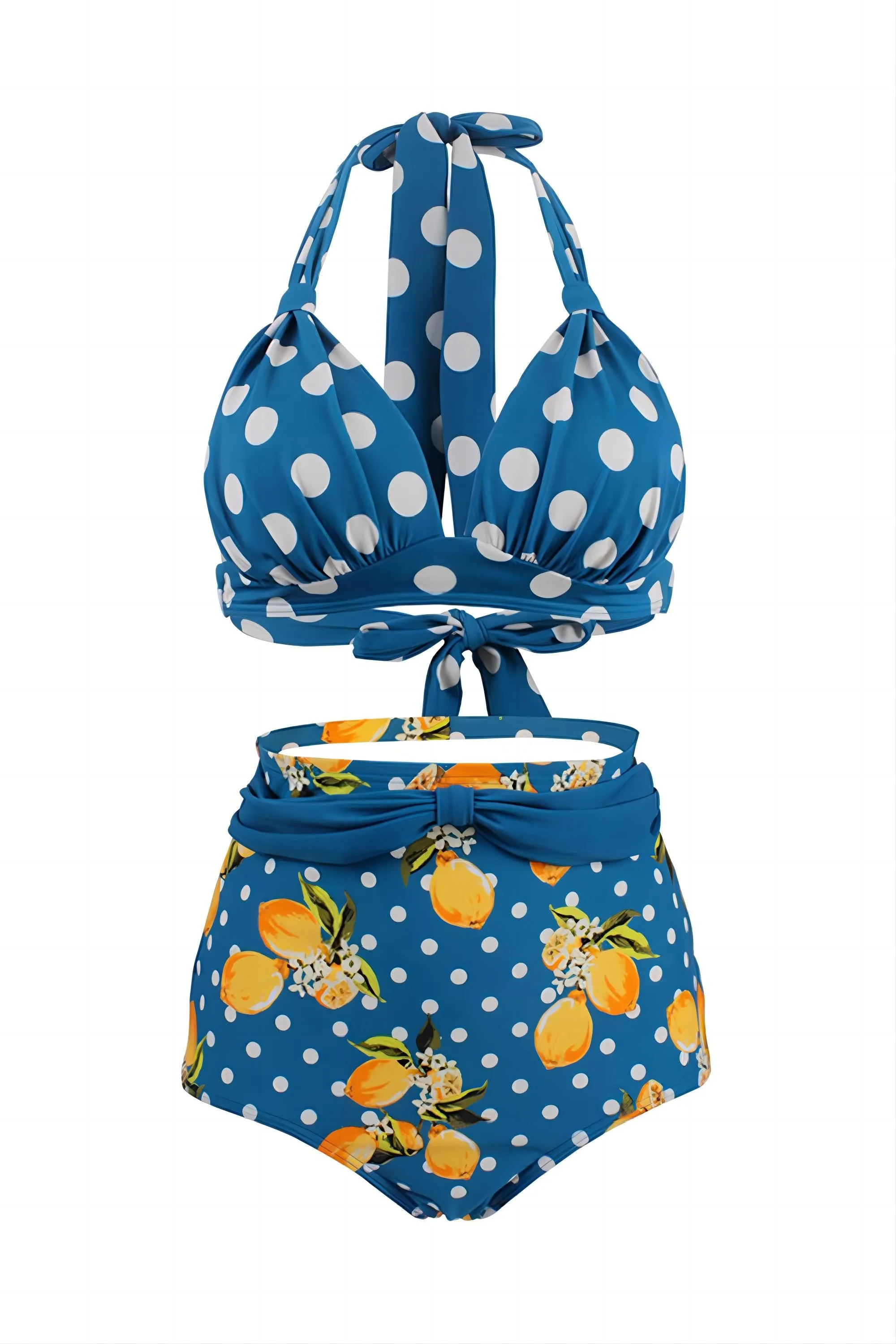 Blue Two Piece High Waist Polka Dots Swimwear sold by Zapaka