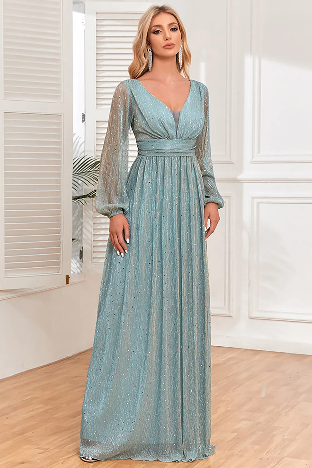 A-Line Sequins Blue Formal Dress with Long Sleeves sold by Zapaka product image thumbnail 3