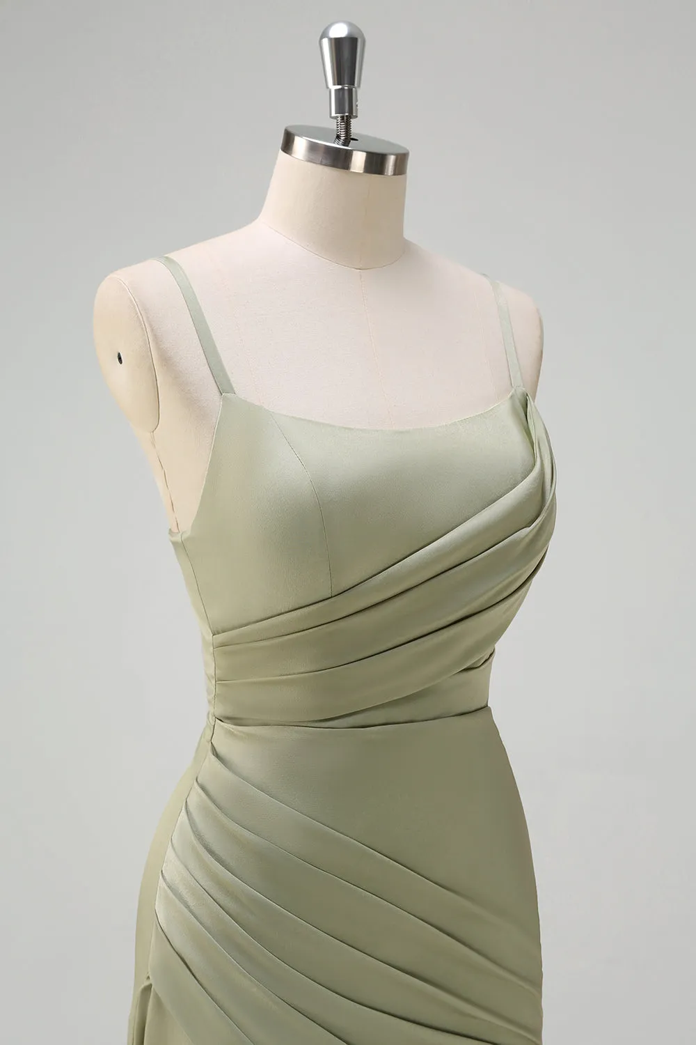 Sage Mermaid Spaghetti Straps Ruched Satin Bridesmaid Dress with Slit sold by Zapaka product image thumbnail 5
