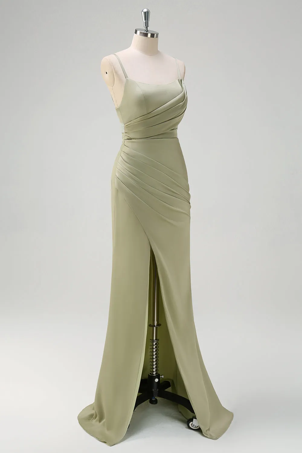 Sage Mermaid Spaghetti Straps Ruched Satin Bridesmaid Dress with Slit sold by Zapaka product image thumbnail 3
