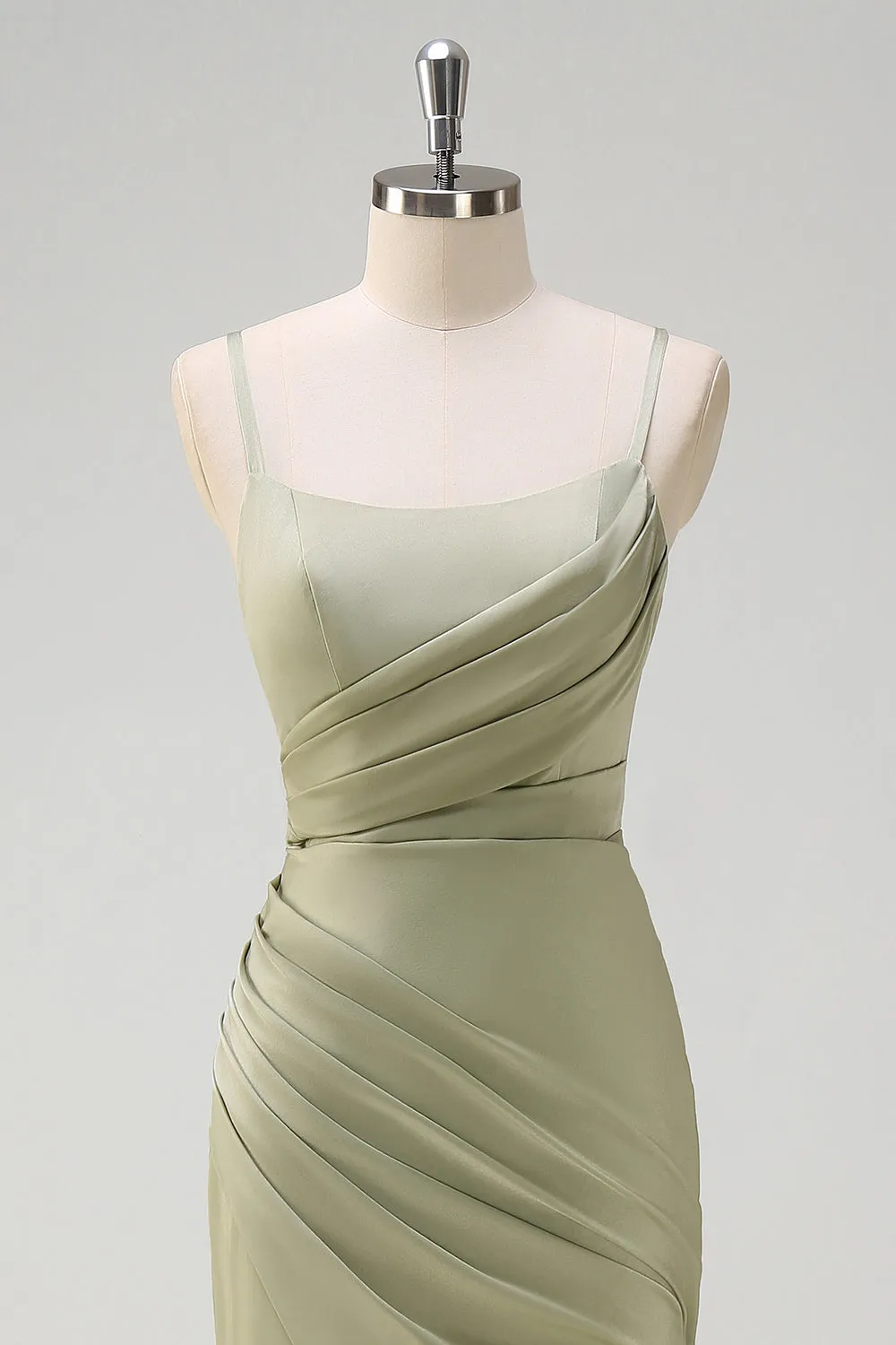 Sage Mermaid Spaghetti Straps Ruched Satin Bridesmaid Dress with Slit sold by Zapaka product image thumbnail 4