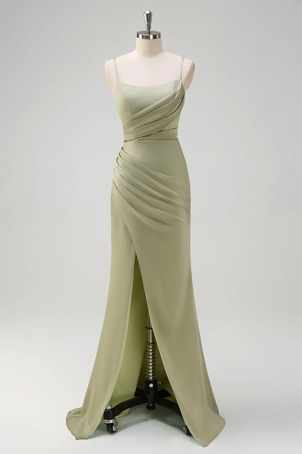 Sage Mermaid Spaghetti Straps Ruched Satin Bridesmaid Dress with Slit sold by Zapaka