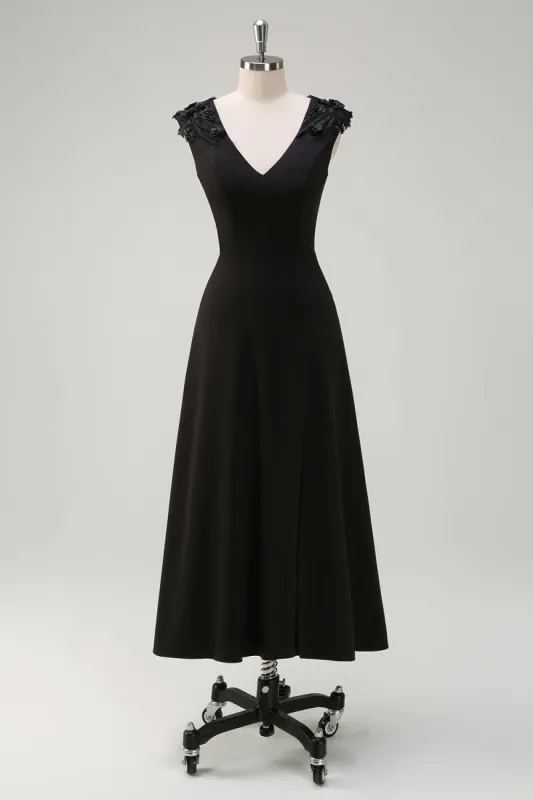 Black A-Line  V-Neck Long Bridesmaid Dress with Applique Sequins sold by Zapaka