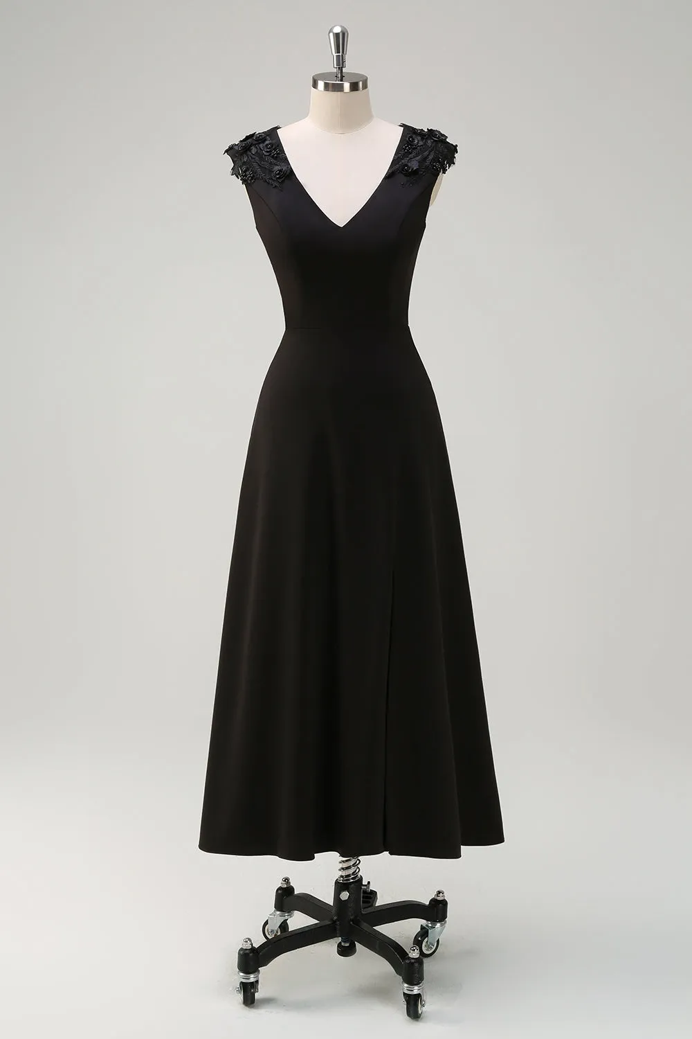 Black A-Line V-Neck Long Bridesmaid Dress with Applique Sequins sold by Zapaka