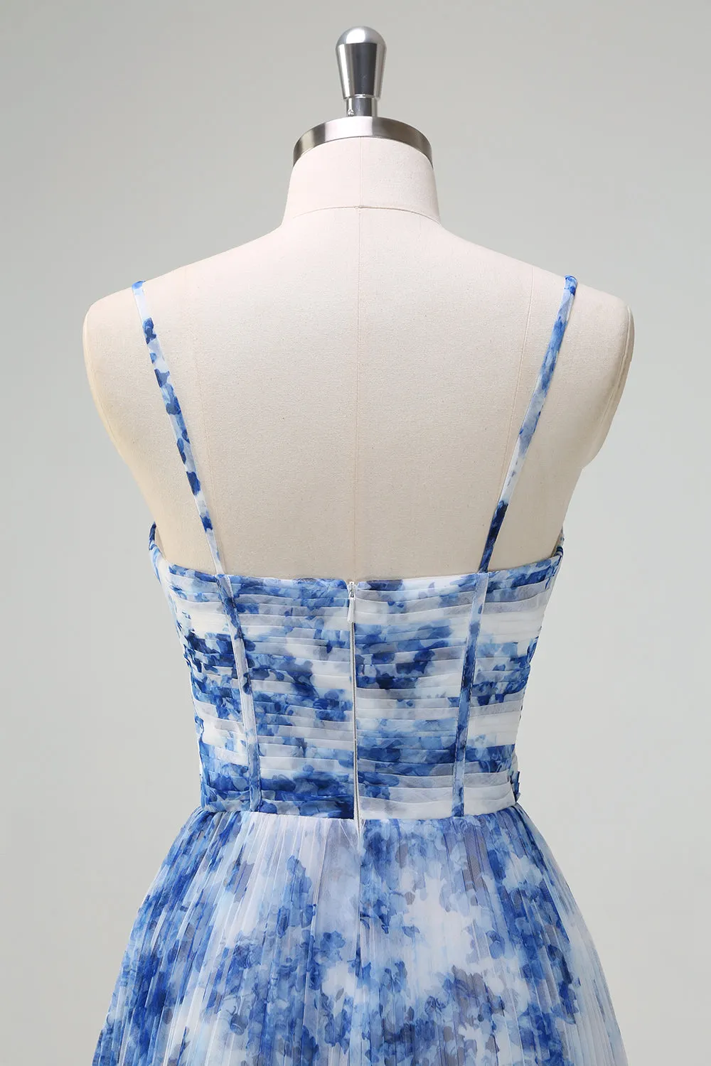 White Blue Flower A-Line Spaghetti Straps Pleated Bridesmaid Dress sold by Zapaka product image thumbnail 5
