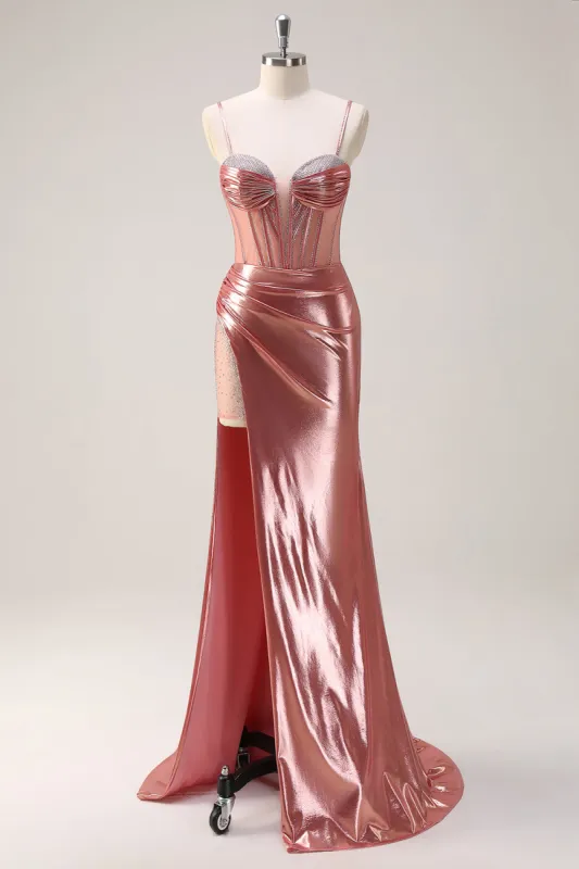 Blush Spaghetti Straps Mermaid Metallic Long Corset Prom Dress with Slit sold by Zapaka